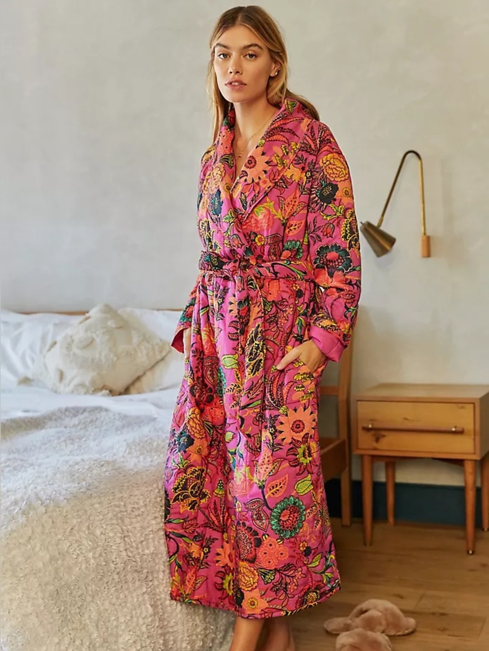 💐By Anthropologie - Pink Floral Quilted Long Robe with Belt - XS/S